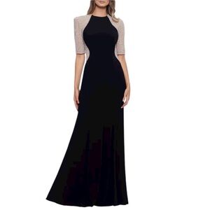 NEW XSCAPE Elise Black Jersey Gown Caviar Beaded‎ Mesh Quarter Sleeves Size 14